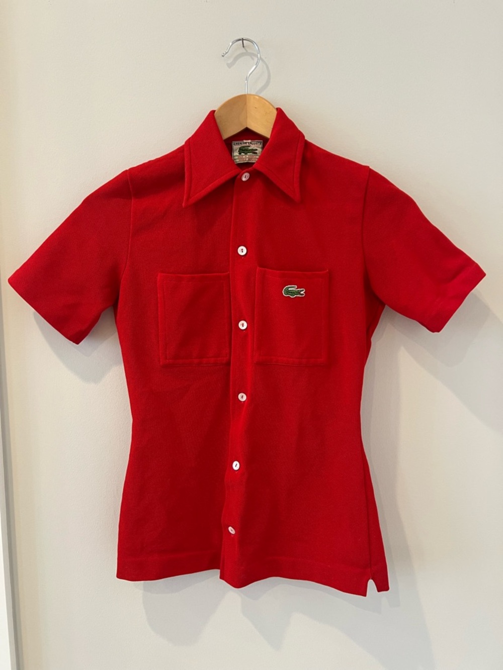 Vintage Lacoste Red Short-Sleeve Button Up Polo Shirt with Patch Pockets